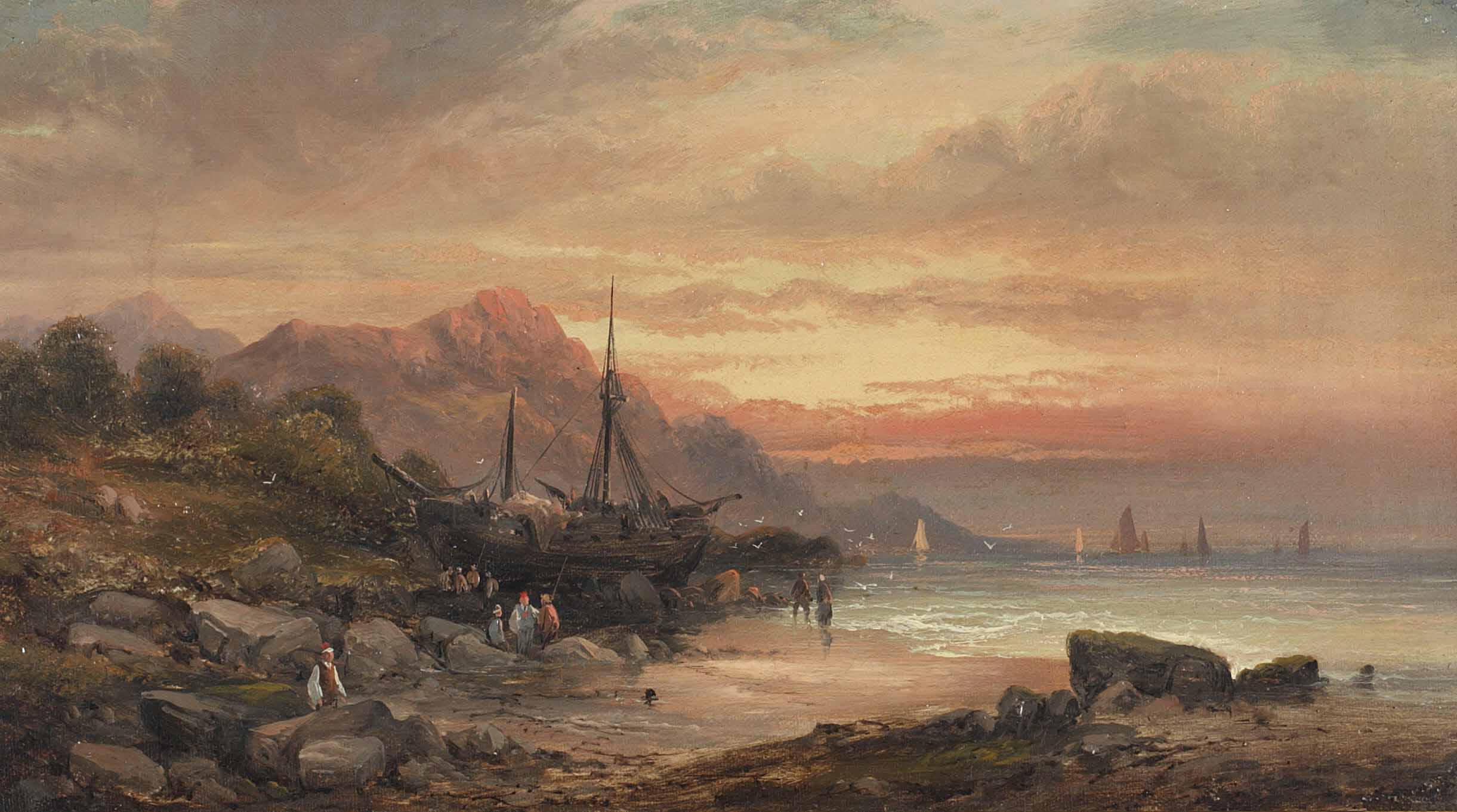 Coastal scene with islet and fishing folk